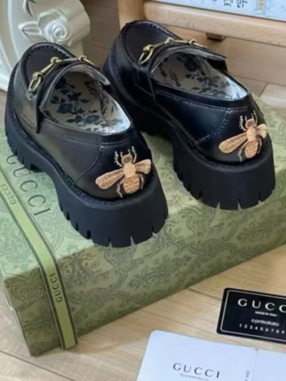 Gucci Black Leather Lug Sole Loafers